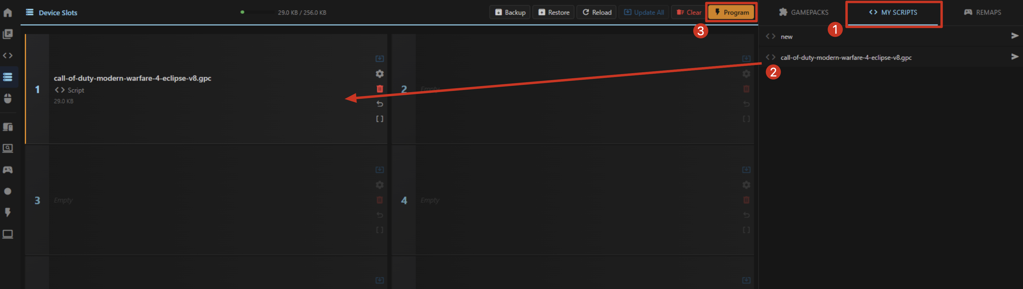 Dragging a GPC script into an empty Zen Studio Live memory slot