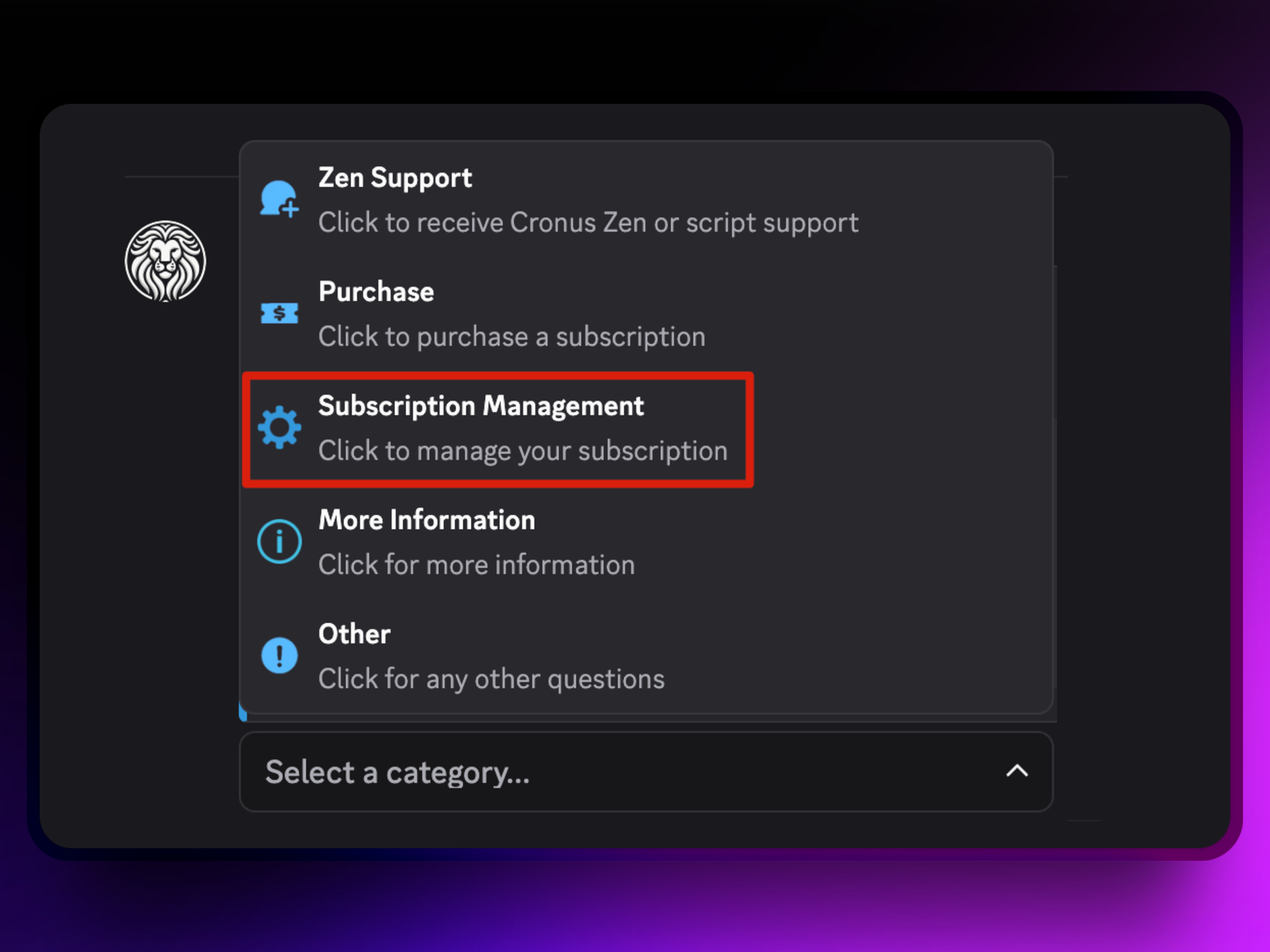 Subscription Management ticket option in Cronus Zen Central Discord