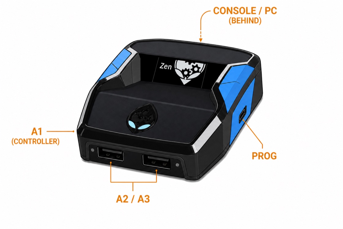Cronus Zen ports labeled A1, A2, A3, PROG, and CONSOLE PC